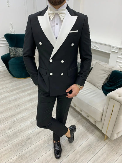 Paris White Black Slim Fit Double Breasted Tuxedo - BRABION