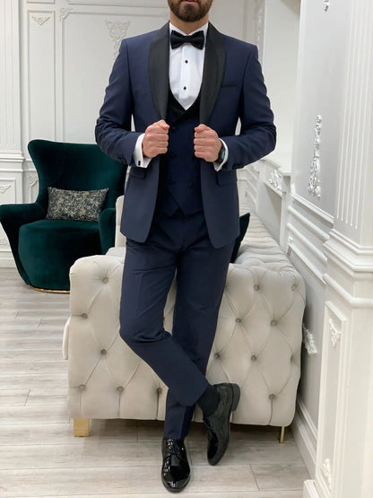 Eden Navy Blue Slim Fit Glitter Shawl Lapel Tuxedo - BRABION