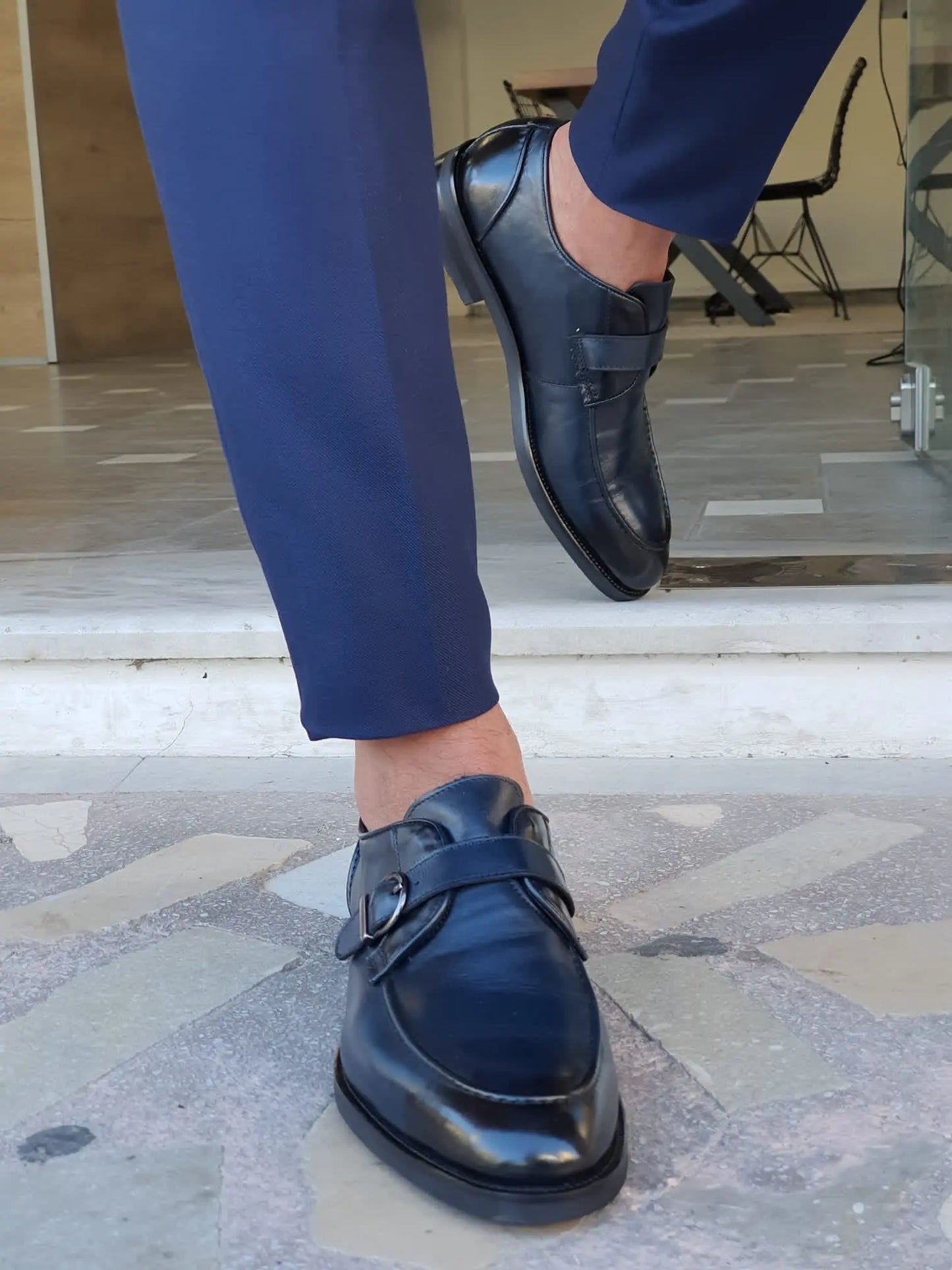 Stefano Navy Blue Buckle Loafers: Elegance Redefined - BRABION