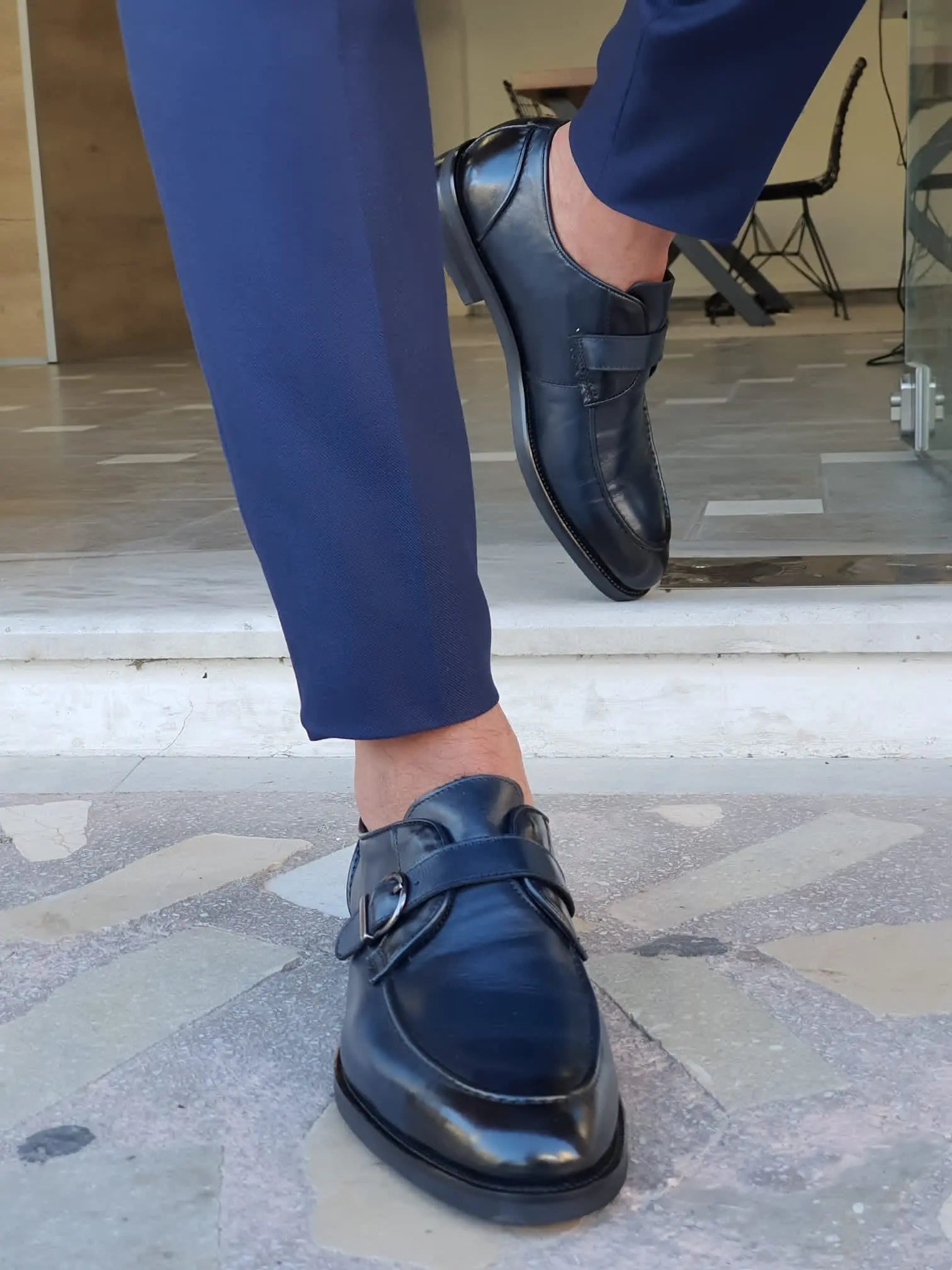 Stefano Navy Blue Buckle Loafers: Elegance Redefined - BRABION