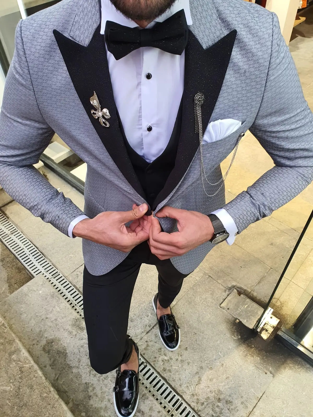 VillaNova Gray Slim Fit Patterned Tuxedo - BRABION