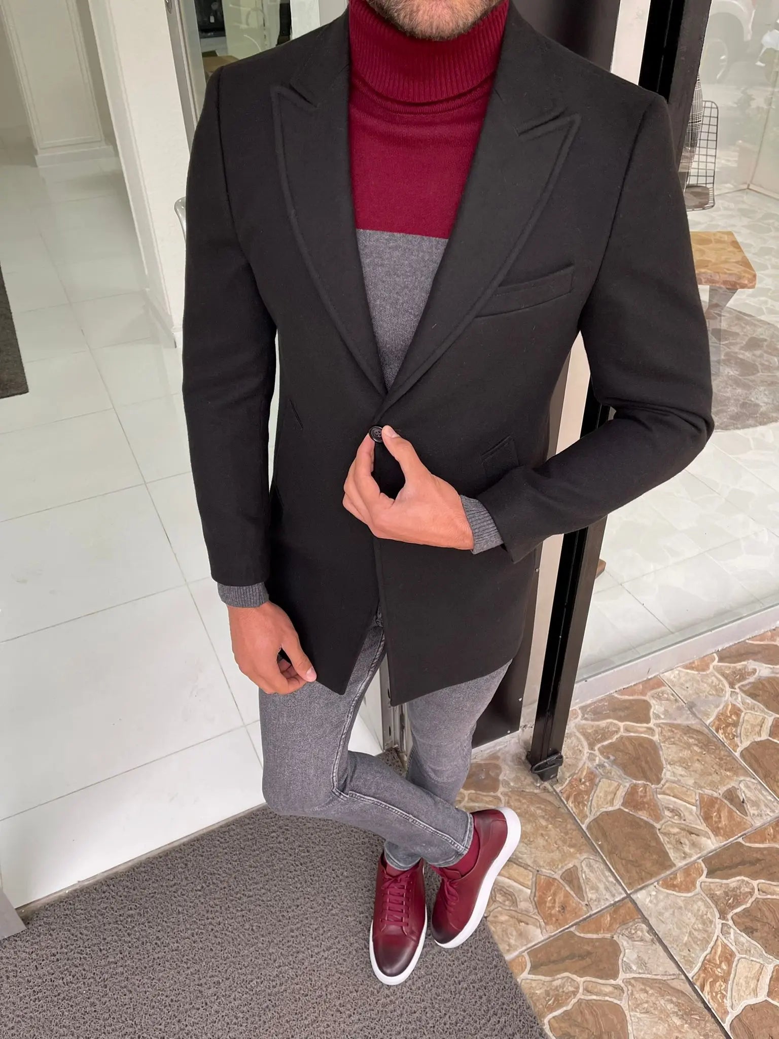 Viena Black Slim Fit Wool Long Coat - BRABION
