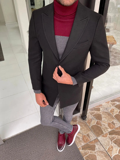 Viena Black Slim Fit Wool Long Coat - BRABION