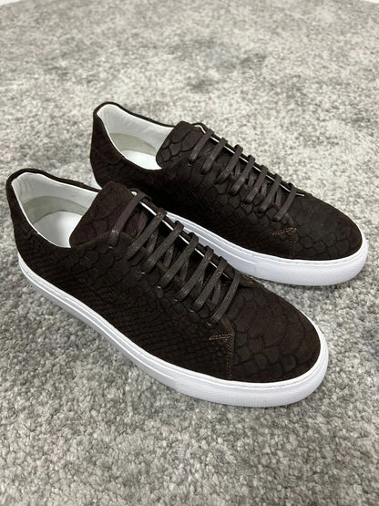 Lenzi Special Edition Suede Print Leather Brown Sneakers - BRABION
