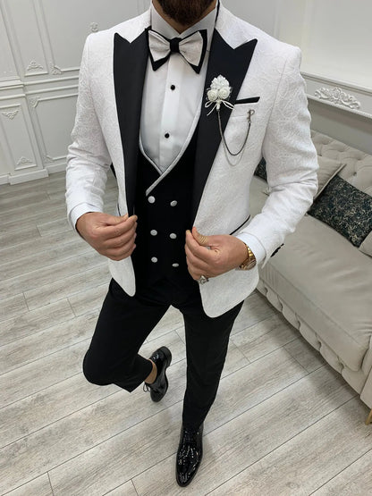 Caesar White Slim Fit Peak Lapel Floral Patterned Tuxedo - BRABION