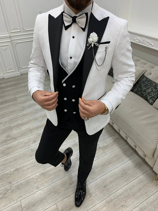 Caesar White Slim Fit Peak Lapel Floral Patterned Tuxedo - BRABION
