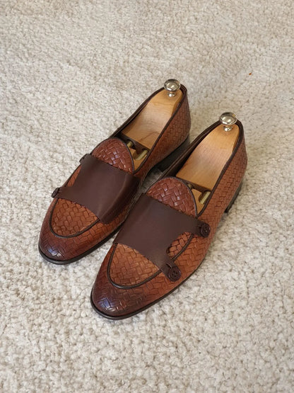 Bristol Tan Woven Leather Double Monk Strap Loafers - BRABION