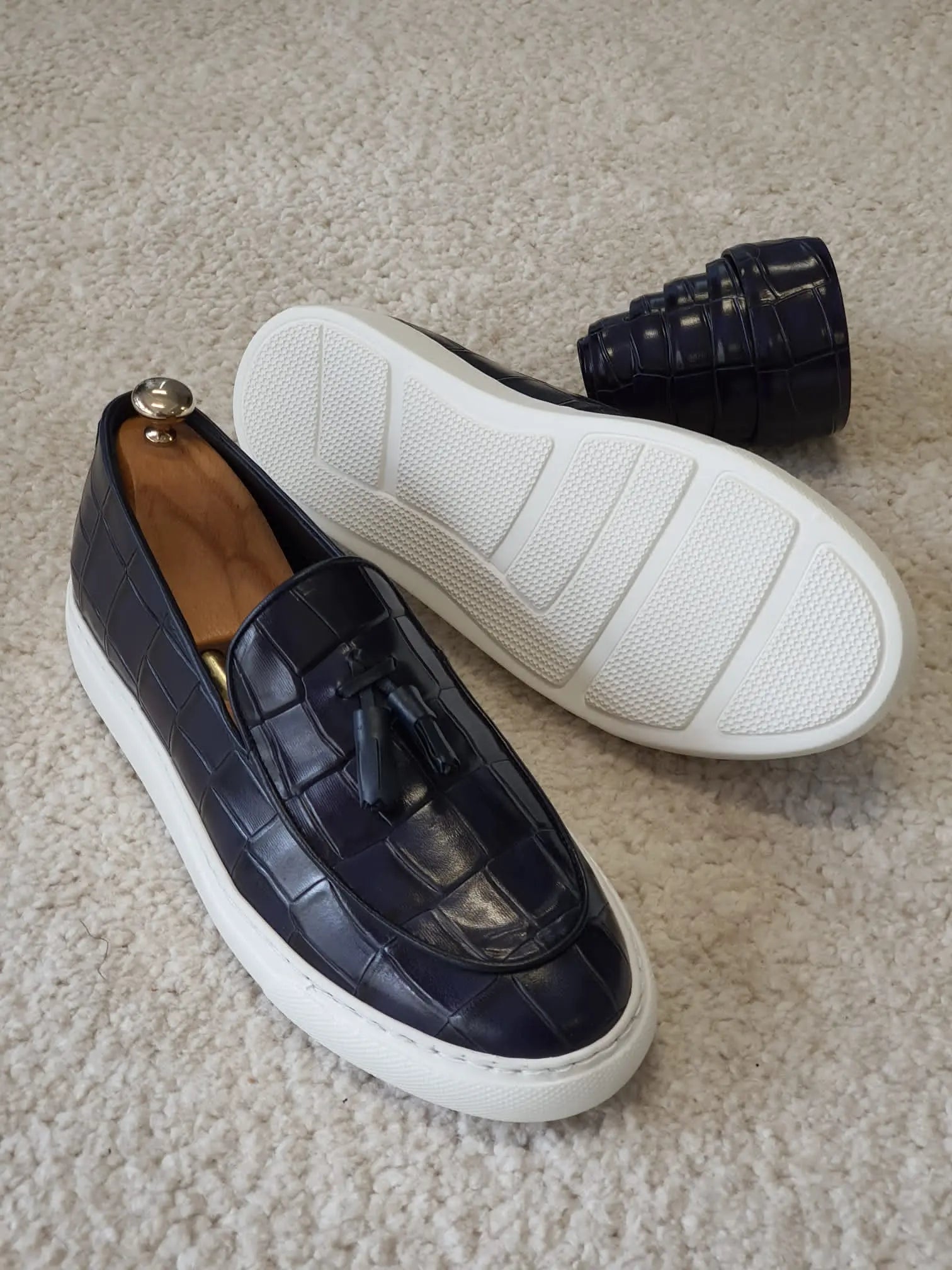 Berton Navy Blue Tassel Loafers: Sophisticated Elegance - BRABION