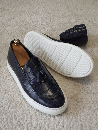 Berton Navy Blue Tassel Loafers: Sophisticated Elegance - BRABION