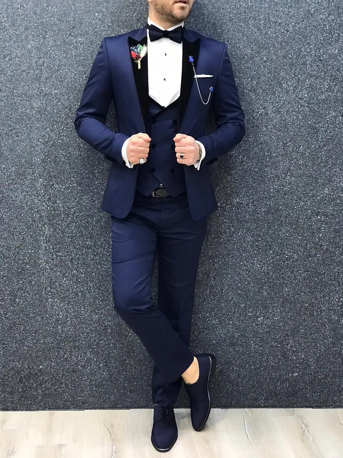 Ventura Blue Slim Fit Velvet Peak Lapel Tuxedo - BRABION
