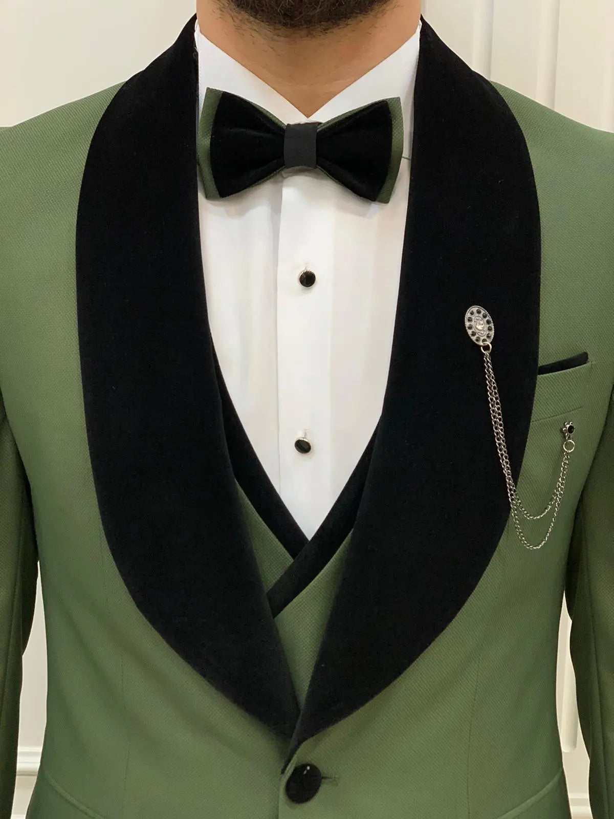 Eden Light Green Slim Fit Velvet Shawl Lapel Tuxedo - BRABION