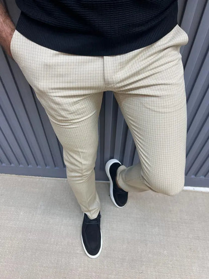 Sorento Beige Slim Fit Plaid Cotton Pants - BRABION