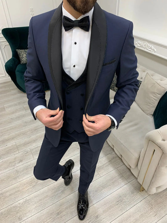 Eden Navy Blue Slim Fit Glitter Shawl Lapel Tuxedo - BRABION