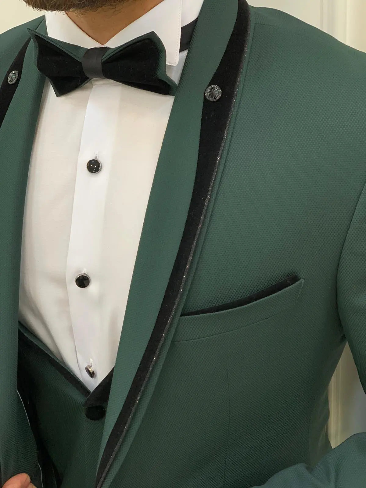 Infinite Green Slim Fit Velvet Peak Lapel Tuxedo - BRABION