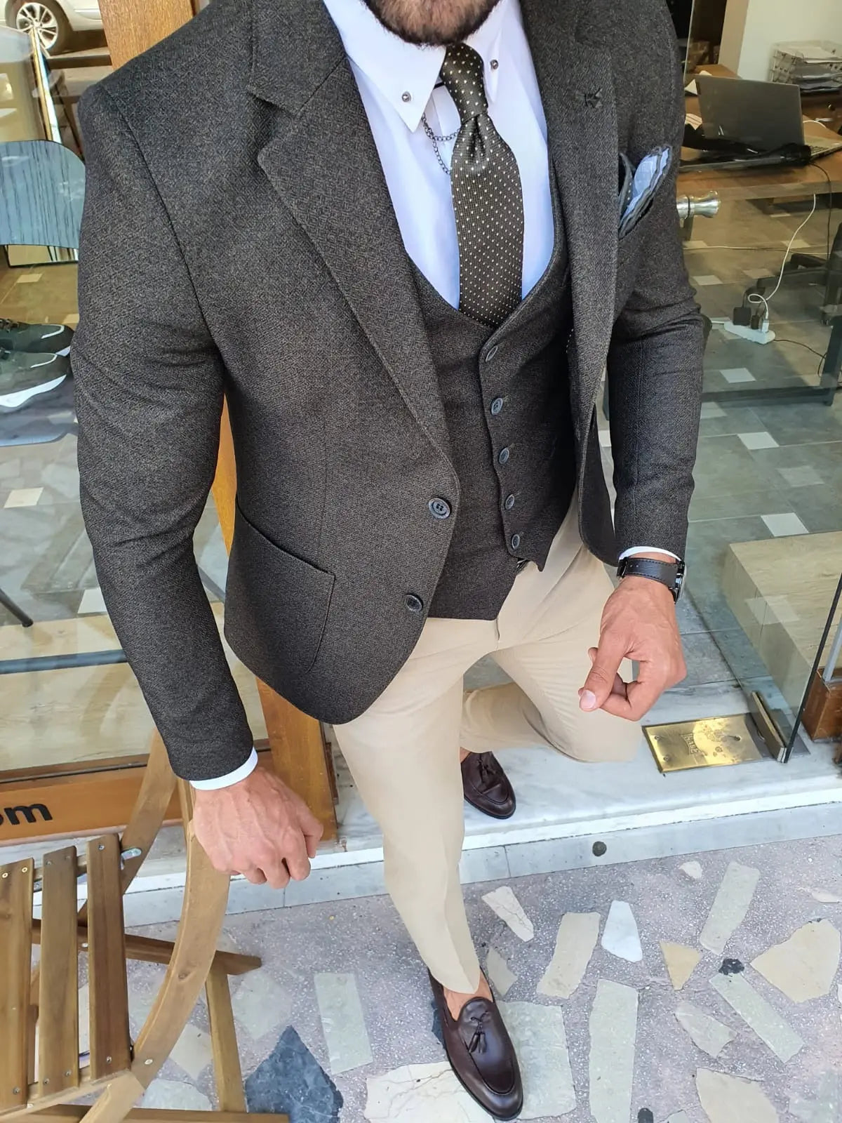Men's Khaki Slim Fit Suit - Elevate Your Elegance BOJONI