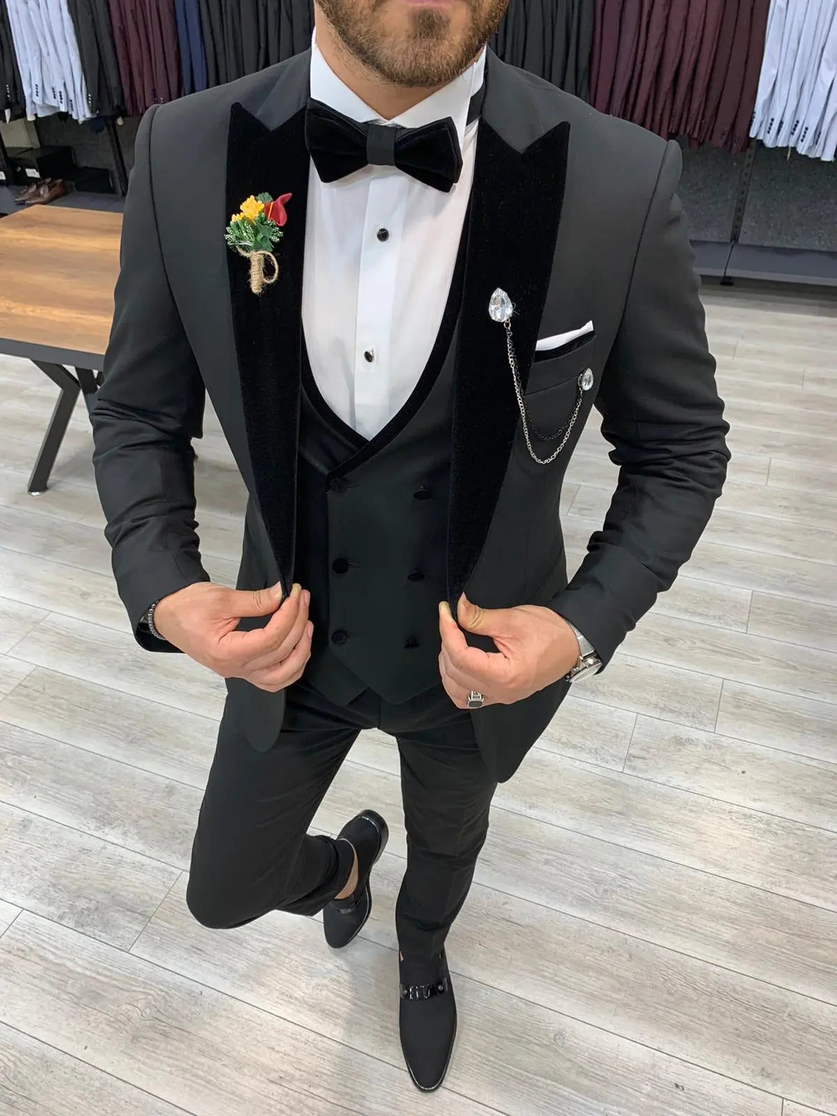 Wilson Black Slim Fit Velvet Peak Lapel Tuxedo - BRABION