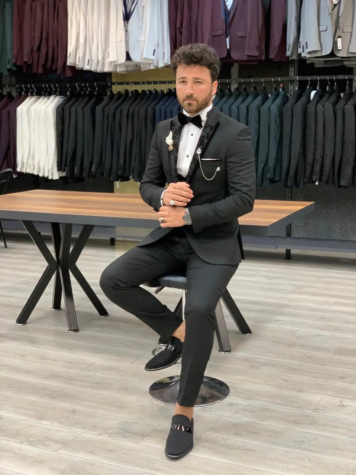 Genova Black Slim Fit Peak Lapel Tuxedo for Elegant Occasions - BRABION