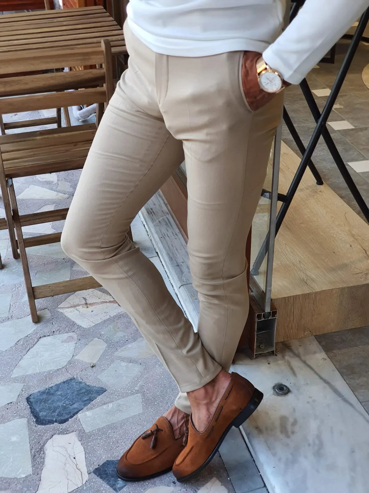 Stefano Beige Slim Fit Pants: Versatile Elegance for Every Occasion - BRABION