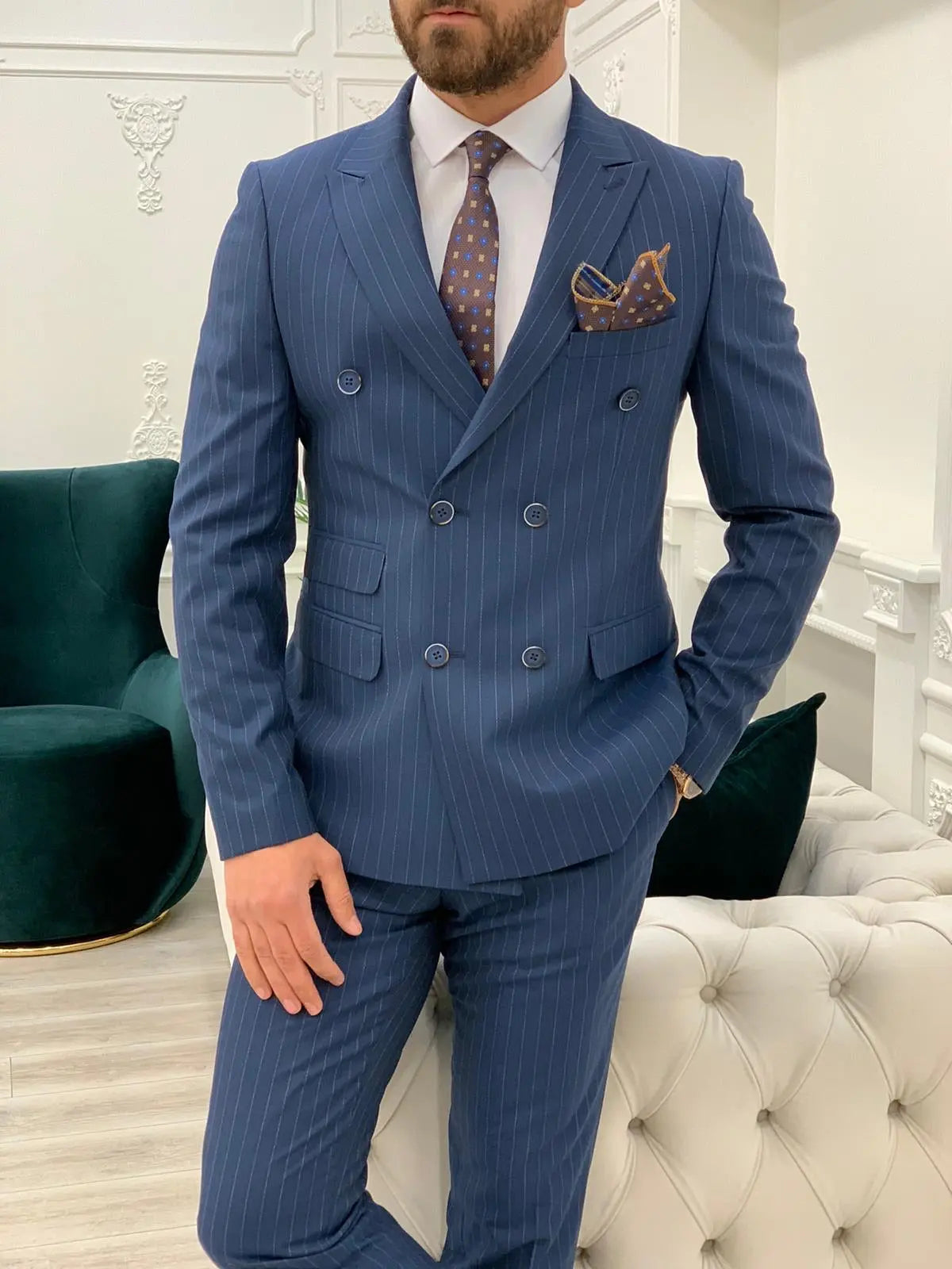 Milano Navy Blue Slim Fit Double Breasted Pinstripe Suit BOJONI