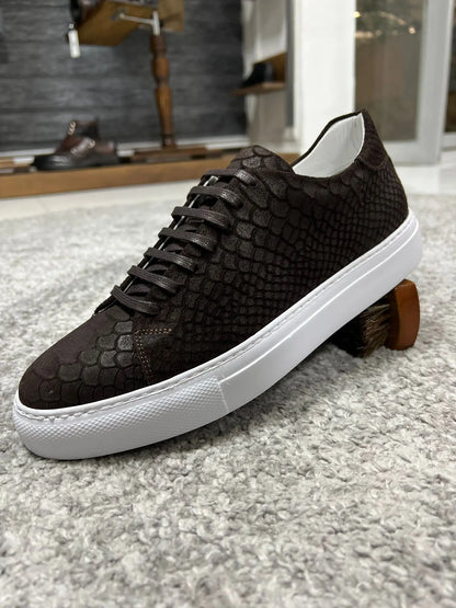 Lenzi Special Edition Suede Print Leather Brown Sneakers - BRABION