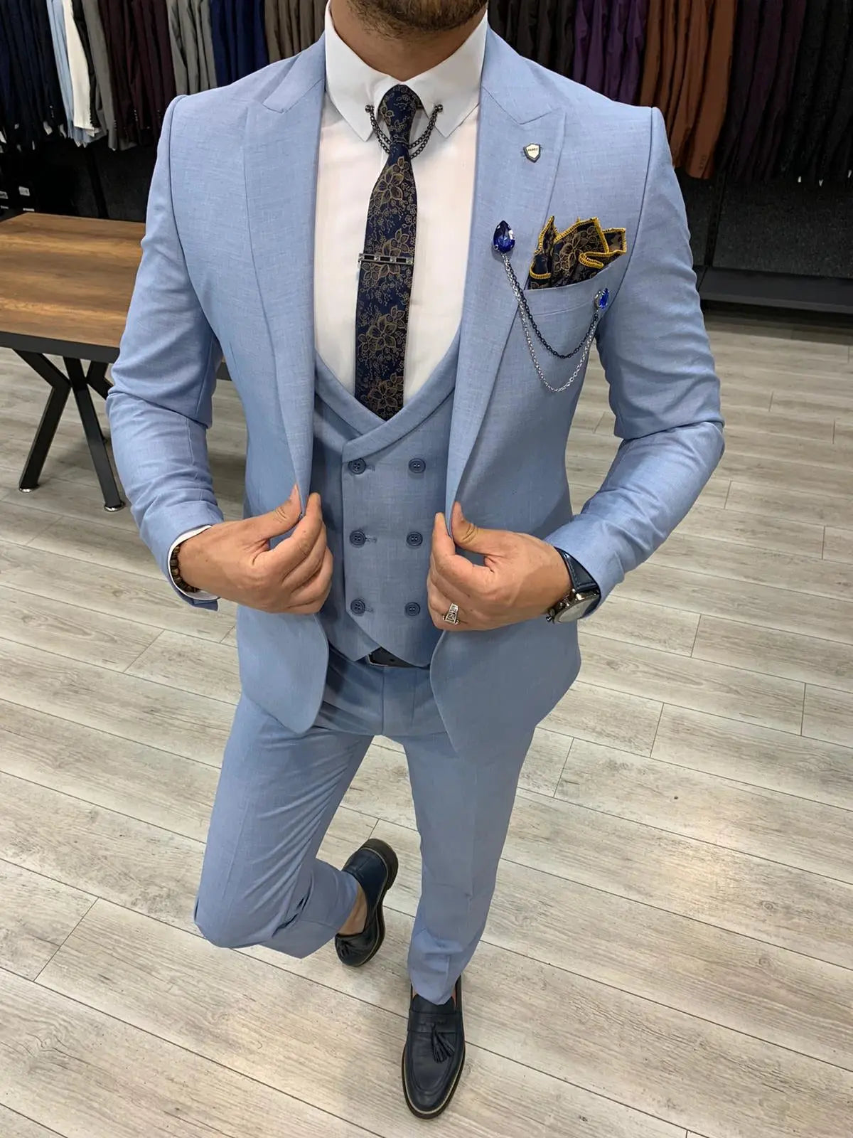 Eros Sky Blue Slim Fit Wool Suit for Every Occasion BOJONI