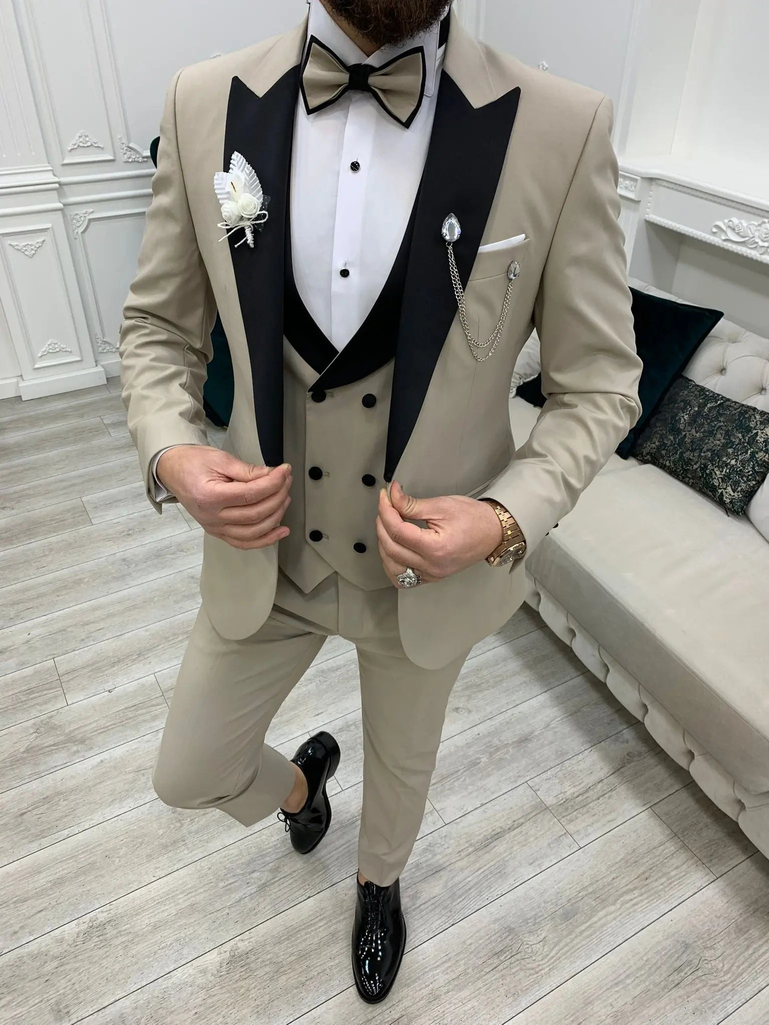 Perris Beige Slim Fit Tuxedo - Elevate Your Formal Style - BRABION