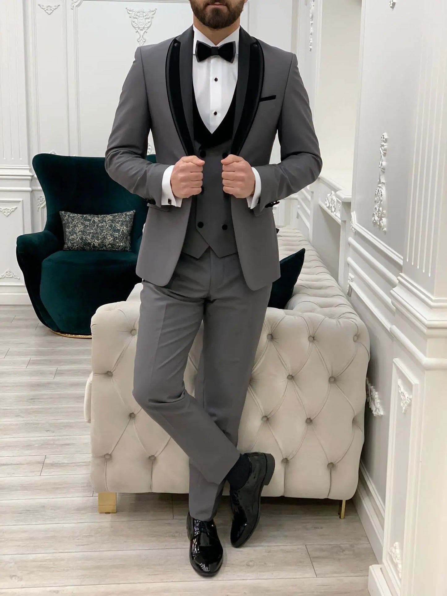 Eden Gray Slim Fit Velvet Satin Shawl Lapel Tuxedo - BRABION