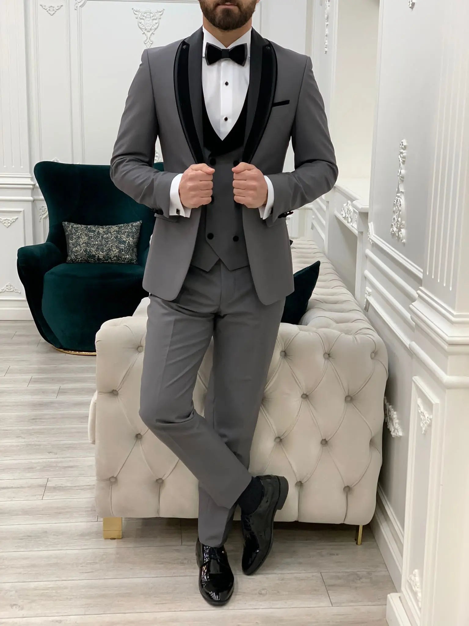 Eden Gray Slim Fit Velvet Satin Shawl Lapel Tuxedo - BRABION