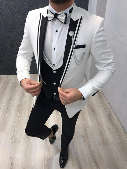 Infinite White Tuxedo with Black Vest - Timeless Elegance for Men - BRABION