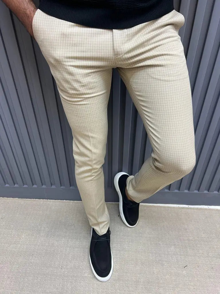 Sorento Beige Slim Fit Plaid Cotton Pants - BRABION