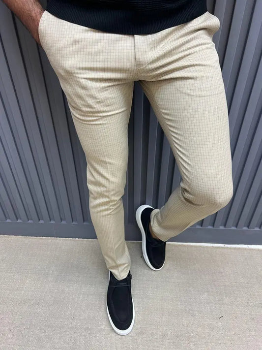 Sorento Beige Slim Fit Plaid Cotton Pants - BRABION
