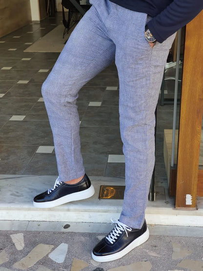 Montreal Navy Blue Slim Fit Plaid Cotton Pants - BRABION