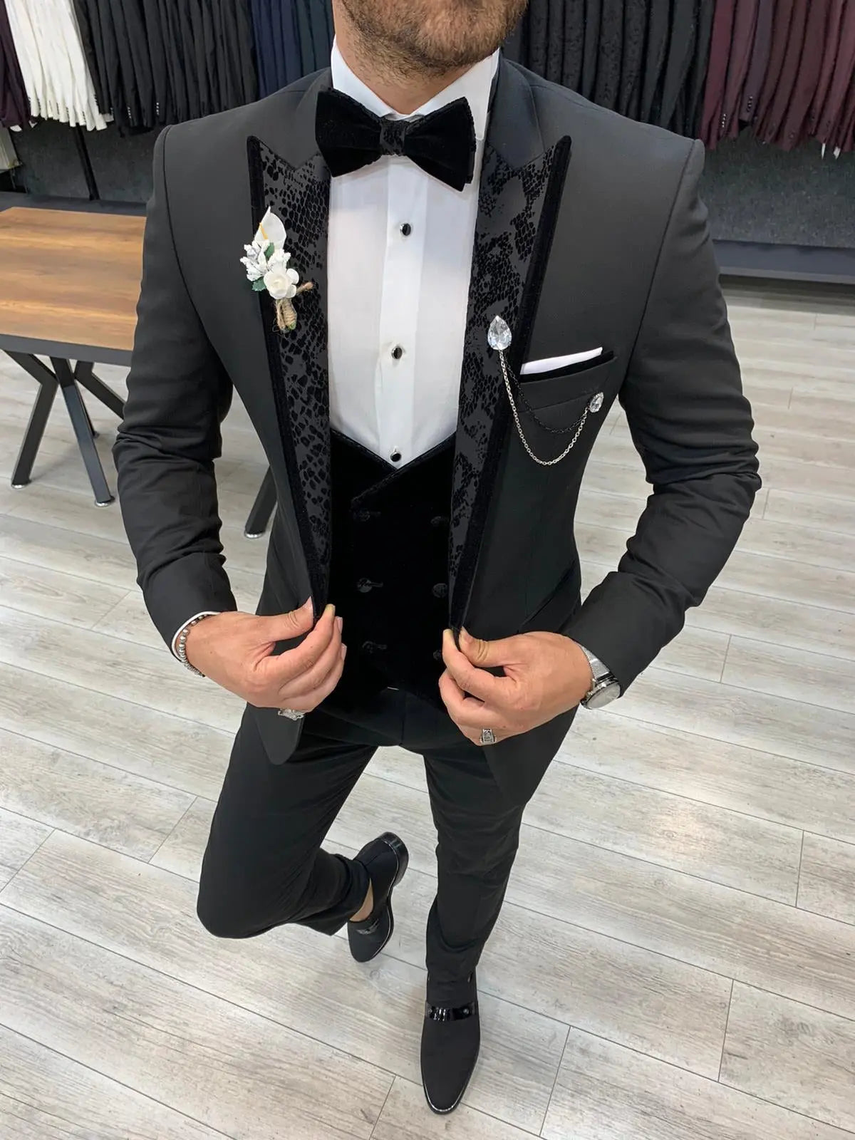 Genova Black Slim Fit Peak Lapel Tuxedo for Elegant Occasions - BRABION