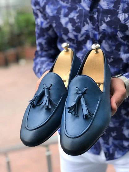 Blake Blue Comfy Leather Loafers - BRABION