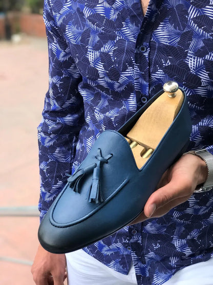 Blake Blue Comfy Leather Loafers - BRABION