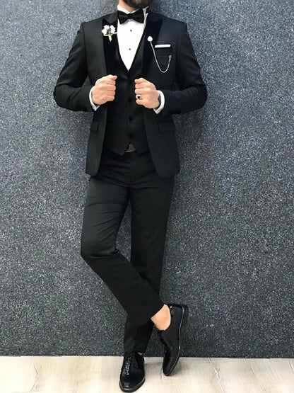 Infinite Royal Black Velvet Tuxedo – Luxurious Slim Fit for Formal Occasions - BRABION